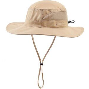 Unisex Khaki 100% Polyester Wide Brim Mesh With Chin Strap Classic Camping Hat